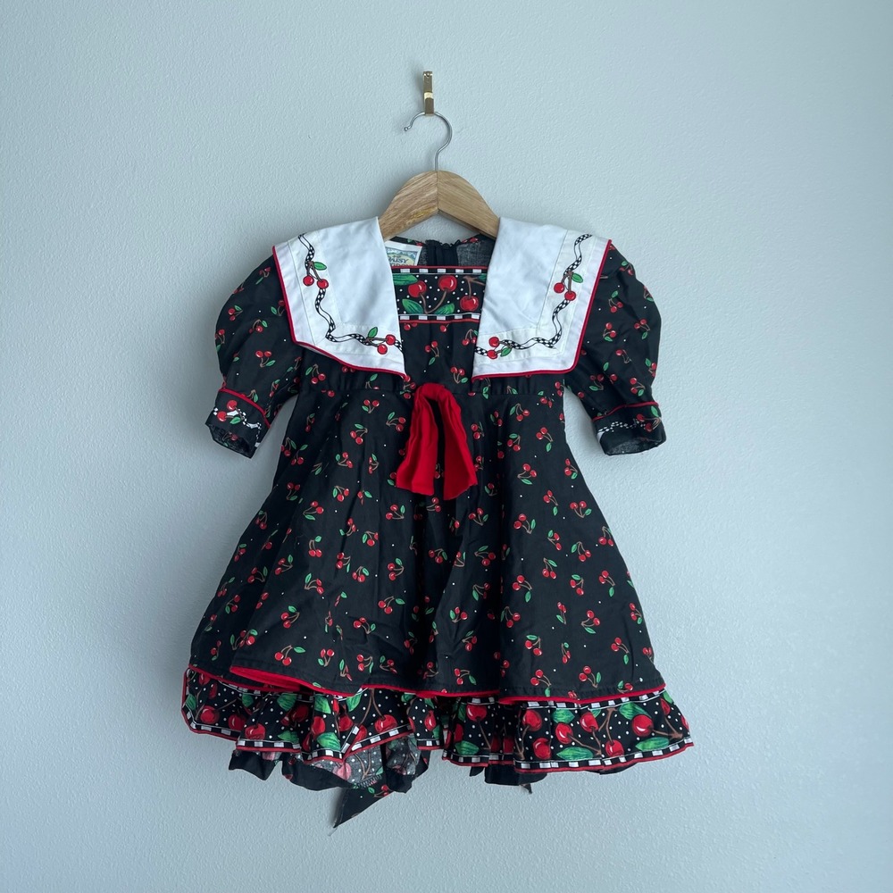Vintage Girls Daisy Kingdom Black and‎ Red Cherry Print Collared A-Line Dress